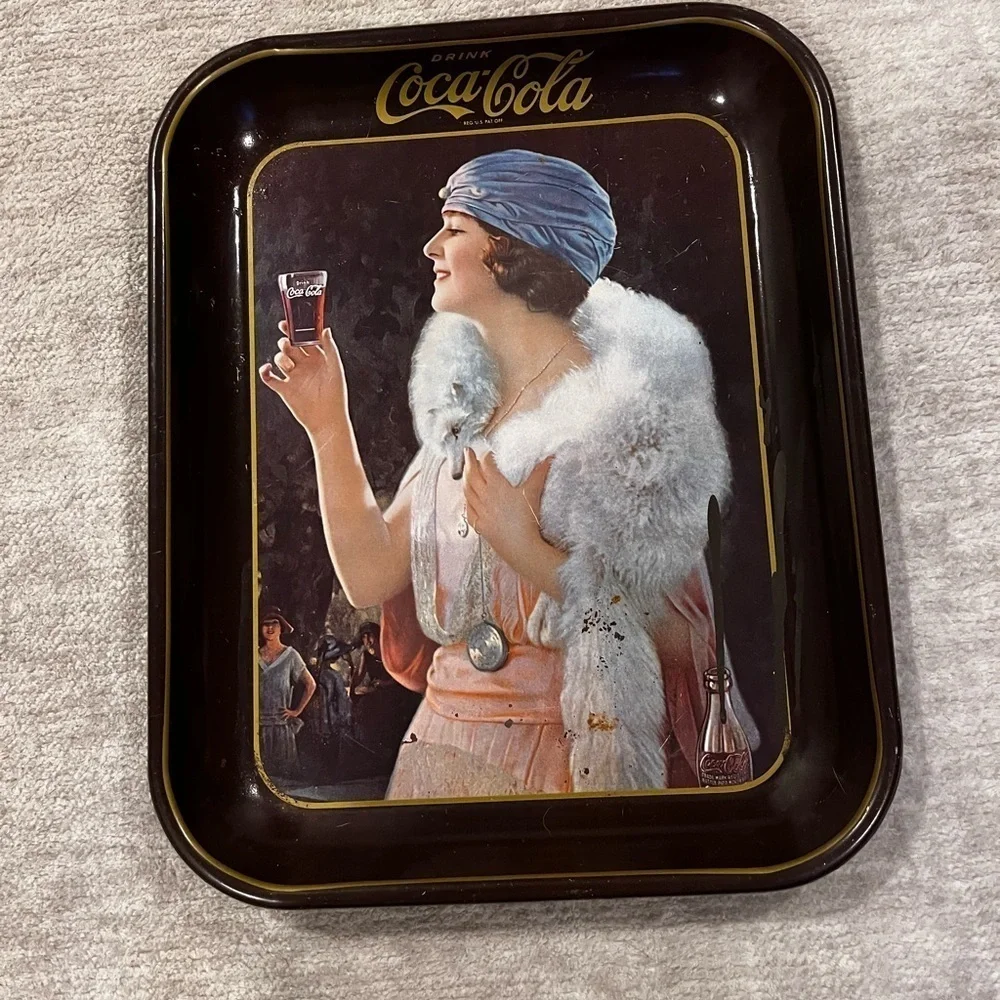 1973 Coca Cola Advertisement Tray, Painted Metal, 1920's Flapper Girl, Bar Ware,